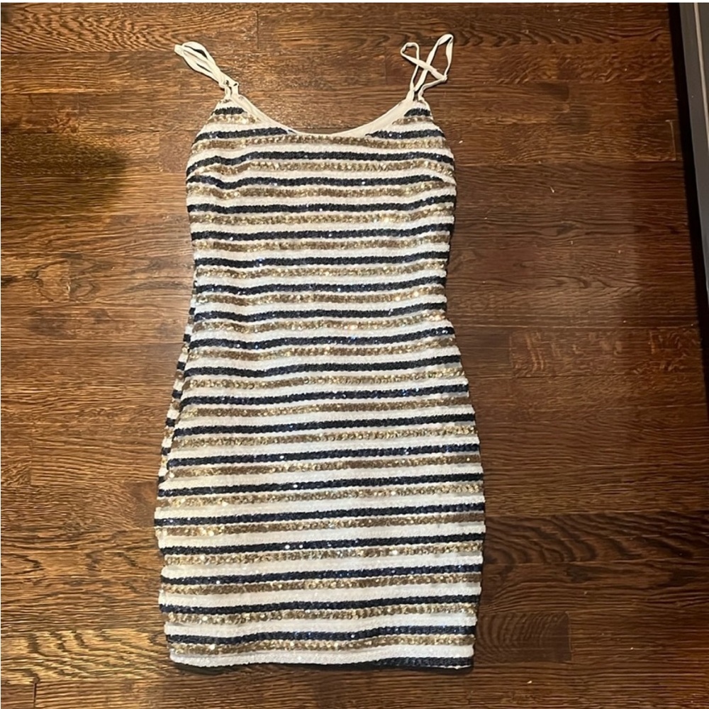 Striped Sequin Dress - Black, Gold, and White